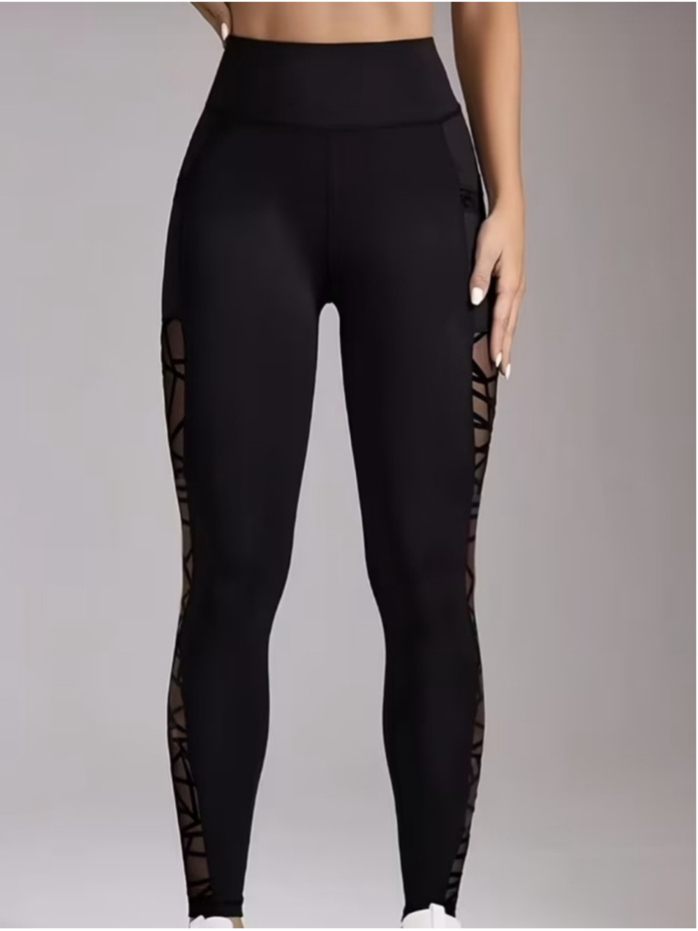High-Waist Black Mesh Panel Leggings with Side Pocket - Picture 5 of 11